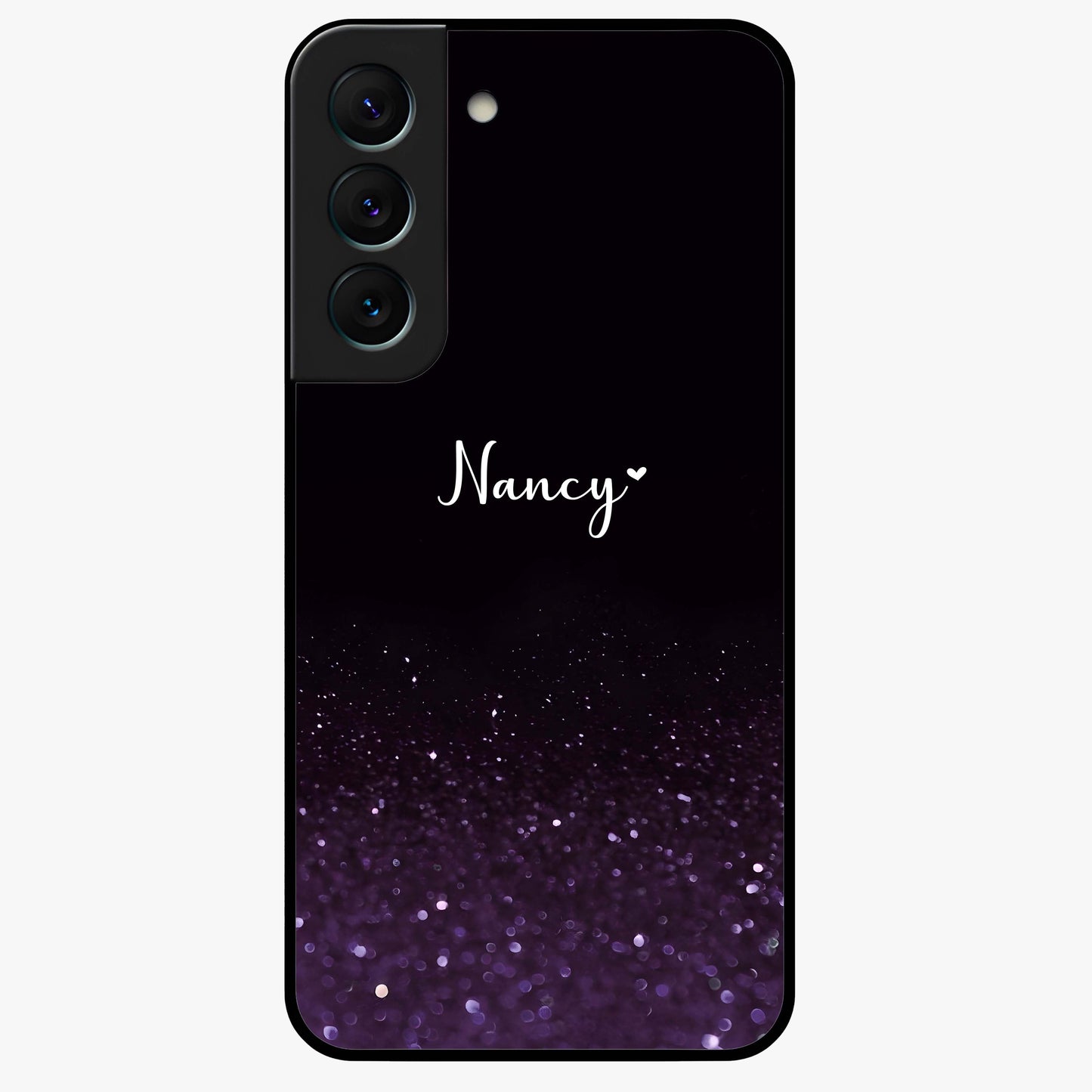 Glittery Purple Bokeh Custom Name Glass Case showing flat back view with purple bokeh sparkle artwork and personalized name design.