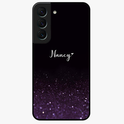 Glittery Purple Bokeh Custom Name Glass Case showing flat back view with purple bokeh sparkle artwork and personalized name design.