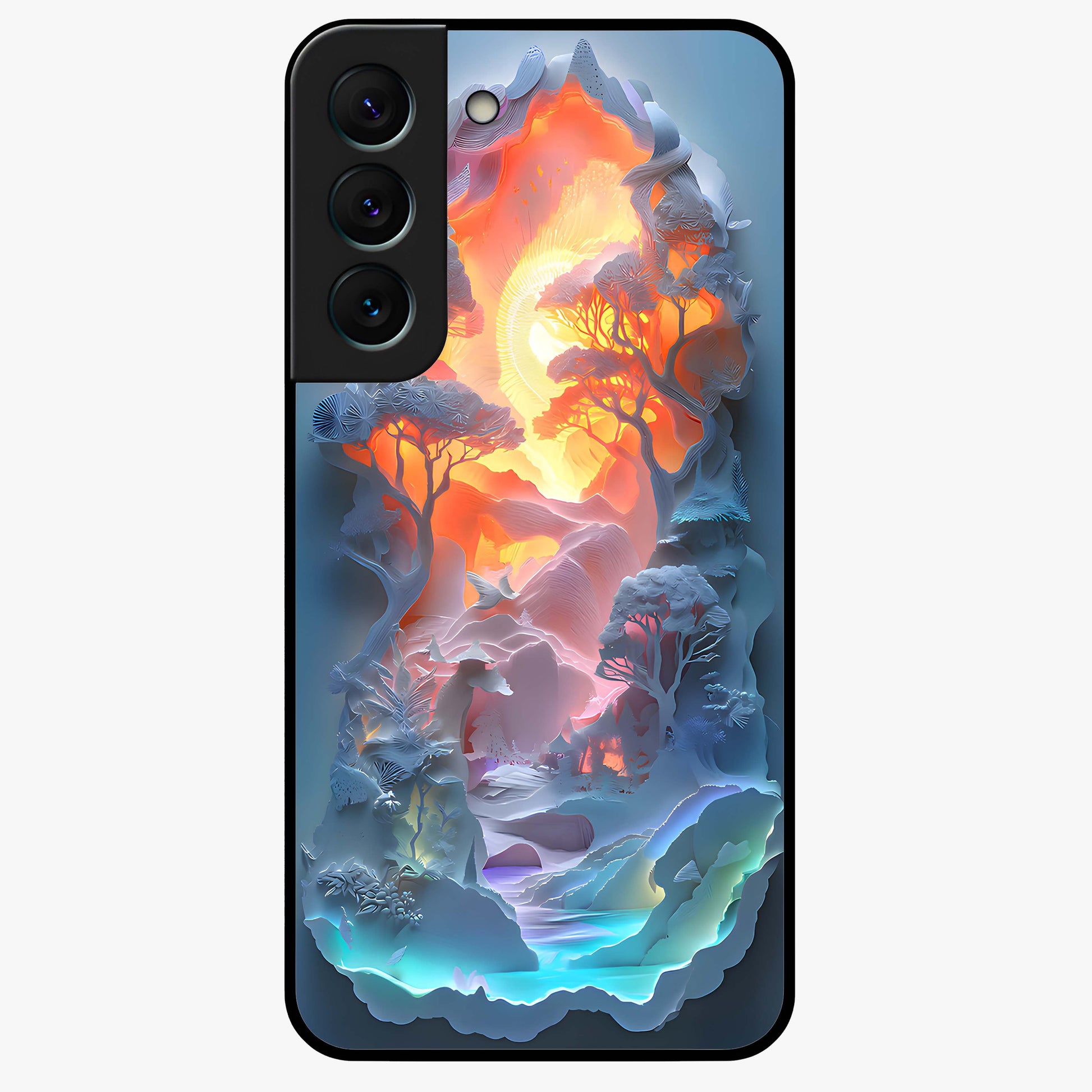 Glow Forest Portal Glass Case showing flat back view with glowing forest portal artwork and glossy glass finish.