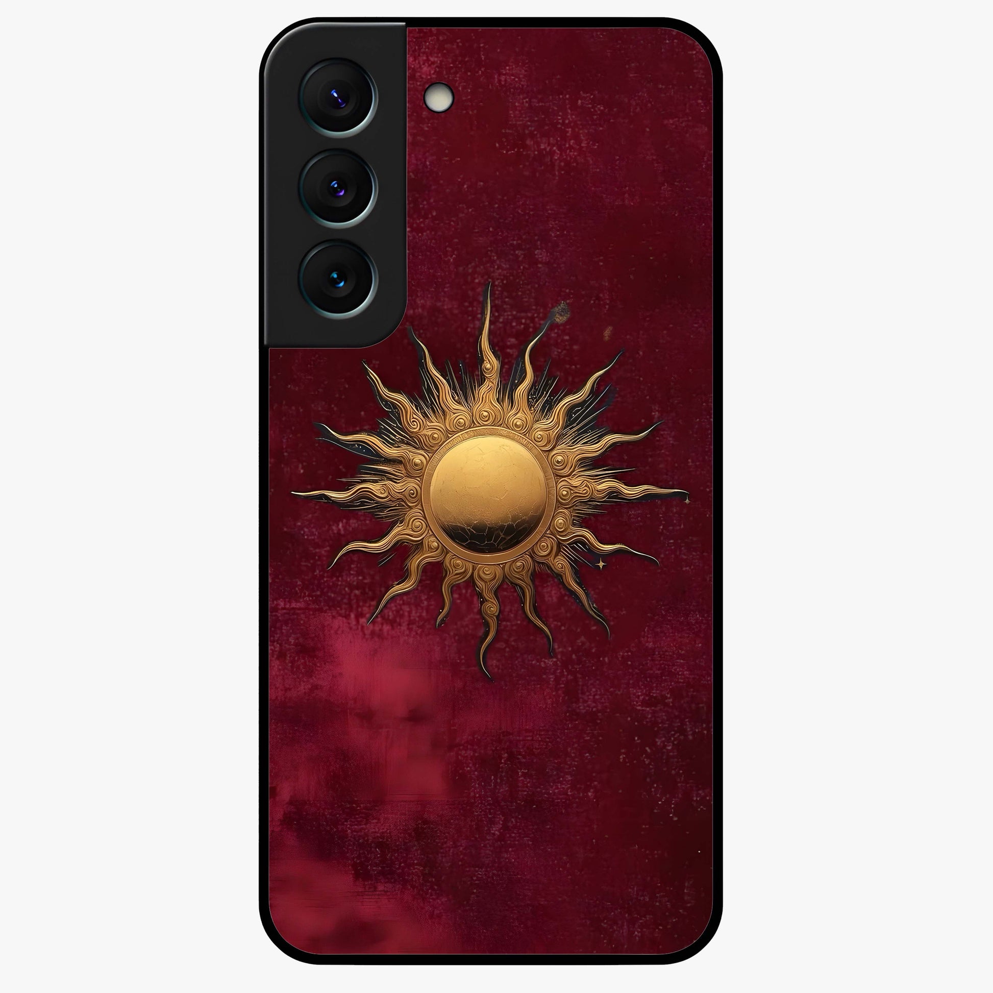 Gold Sun Blush Glass Case showing flat back view with golden sun inspired artwork and glossy glass finish.