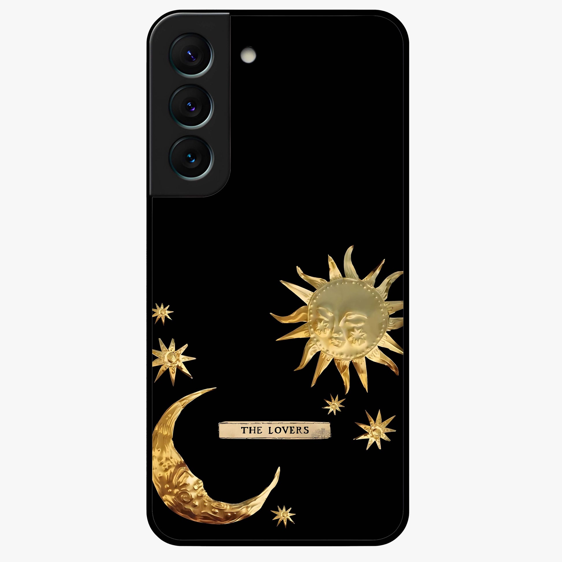Golden Celestial Charm Glass Case showing flat back view with golden celestial charm artwork and glossy glass finish.