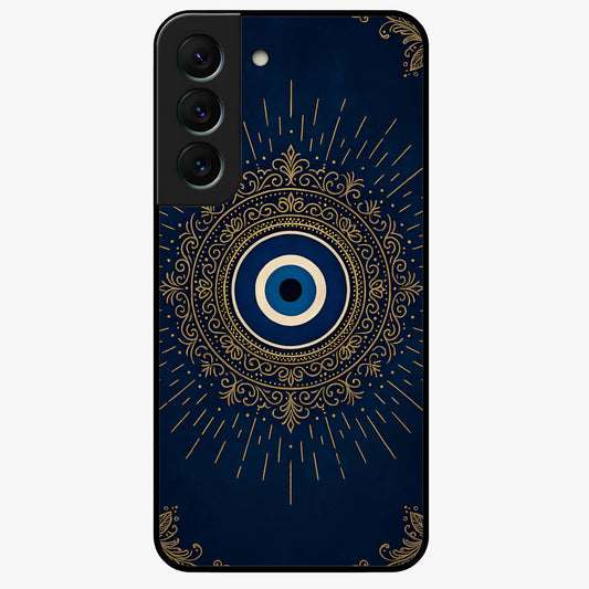 Golden Evil Eye Mandala Glass Case showing flat back view with intricate evil eye mandala artwork and glossy glass finish.