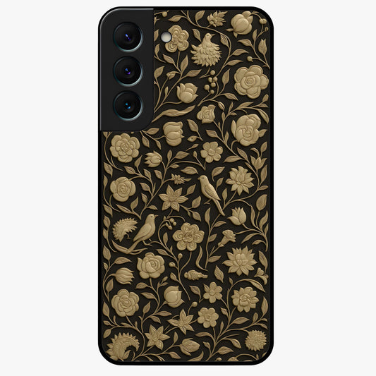 Golden Floral Majesty Glass Case showing flat back view with luxurious golden floral artwork and glossy glass finish.