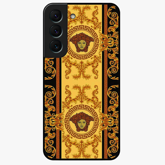 Golden Royal Heritage Glass Case showing flat back view with ornate royal pattern artwork and glossy glass finish.