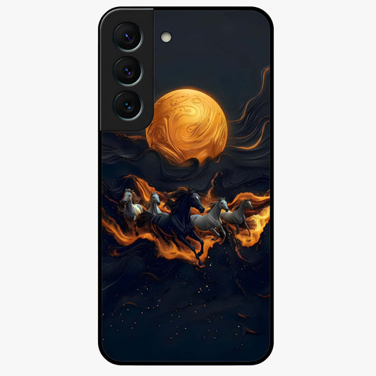 Golden Stallion Moonride Glass Case showing flat back view with majestic horse under moonlight artwork and glossy glass finish.