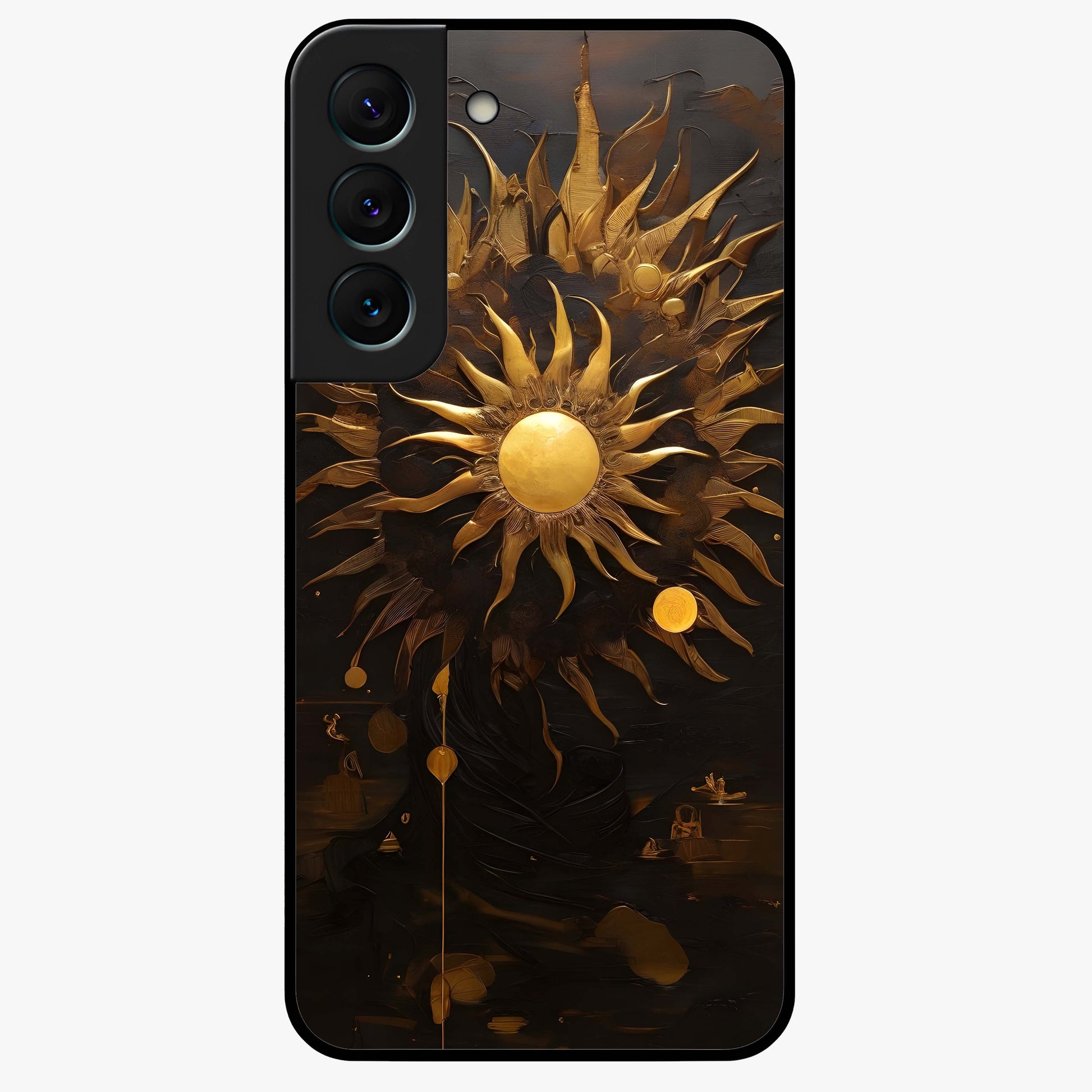 Golden Sun Majesty Glass Case showing flat back view with radiant golden sun artwork and glossy glass finish.