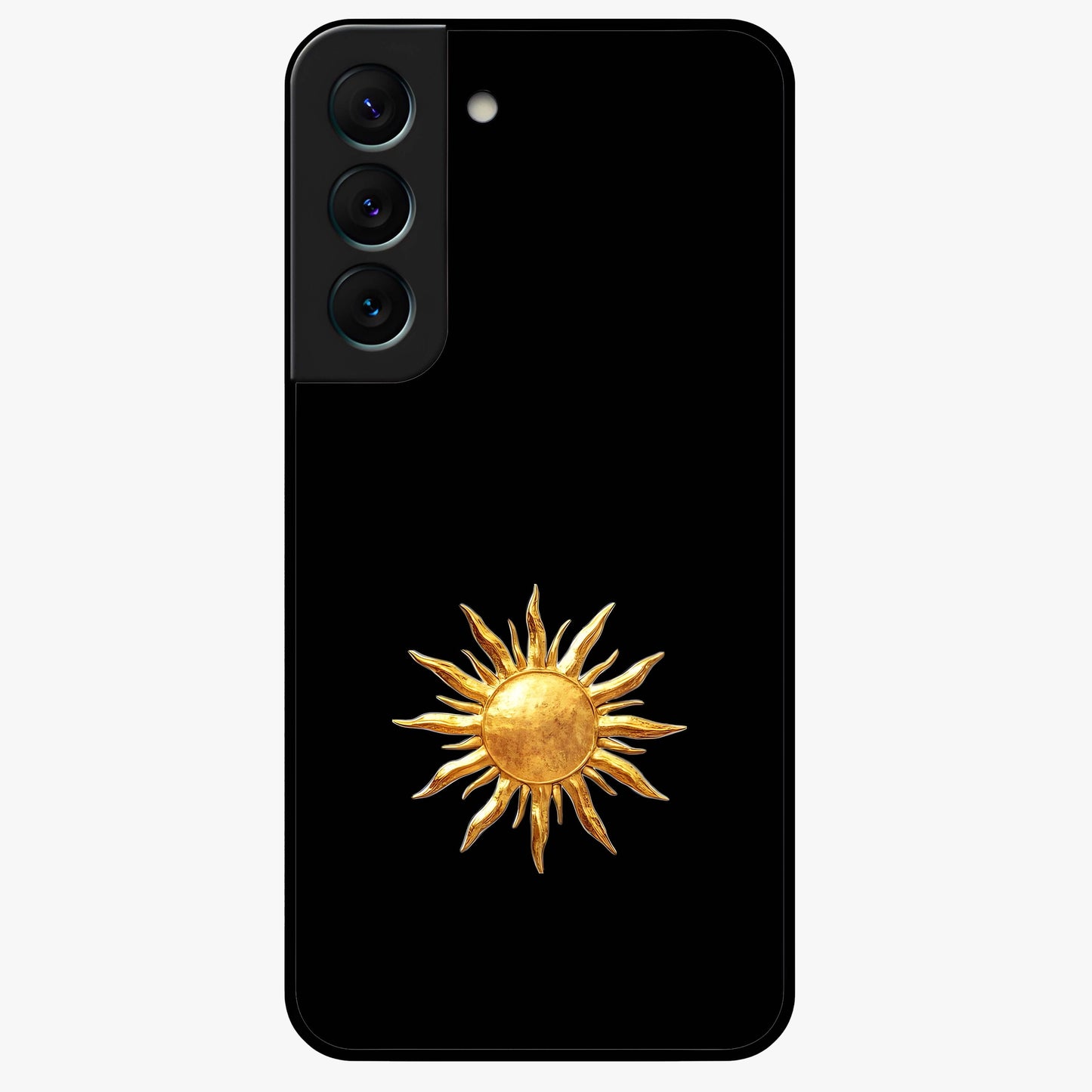 Golden Sun Minimalism Glass Case showing flat back view with minimal golden sun artwork and glossy glass finish.