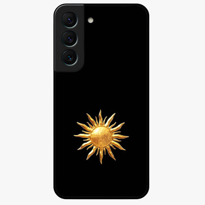 Golden Sun Minimalism Glass Case showing flat back view with minimal golden sun artwork and glossy glass finish.