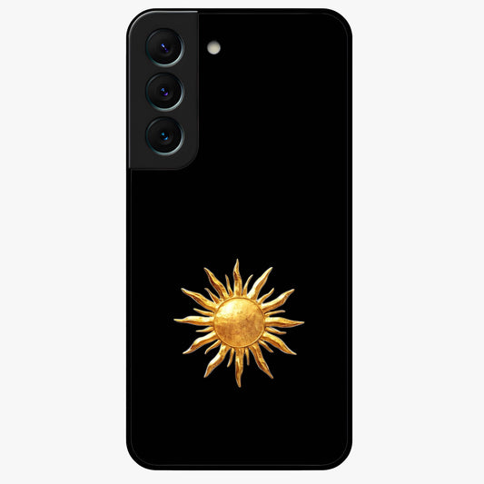 Golden Sun Minimalism Glass Case showing flat back view with minimal golden sun artwork and glossy glass finish.