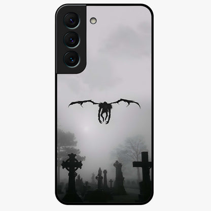 Graveyard Shadow Descent Glass Case showing flat back view with dark graveyard themed artwork and glossy glass finish.