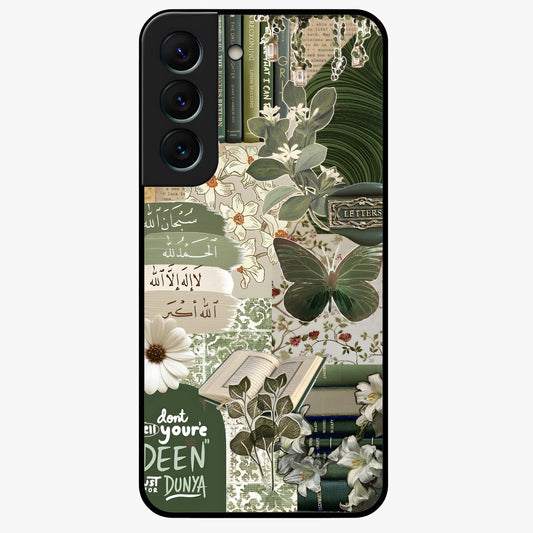 Green Islamic Books Quotes Glass Case showing flat back view with Islamic quotes and book themed artwork and glossy glass finish.