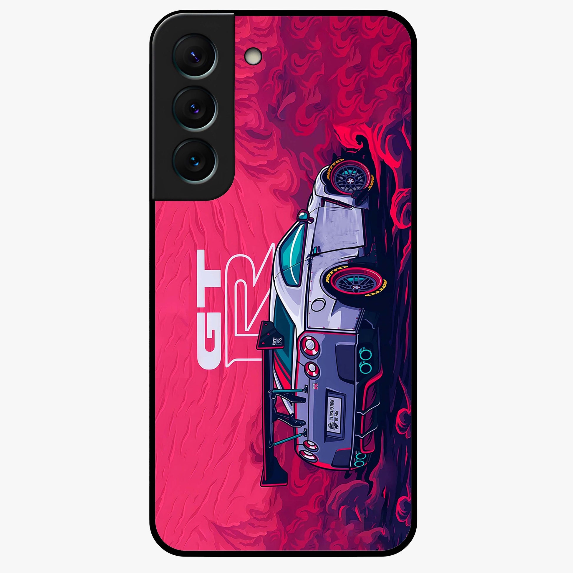 GT-R Car Pattern Glass Case showing flat back view with sporty car inspired pattern artwork and glossy glass finish.