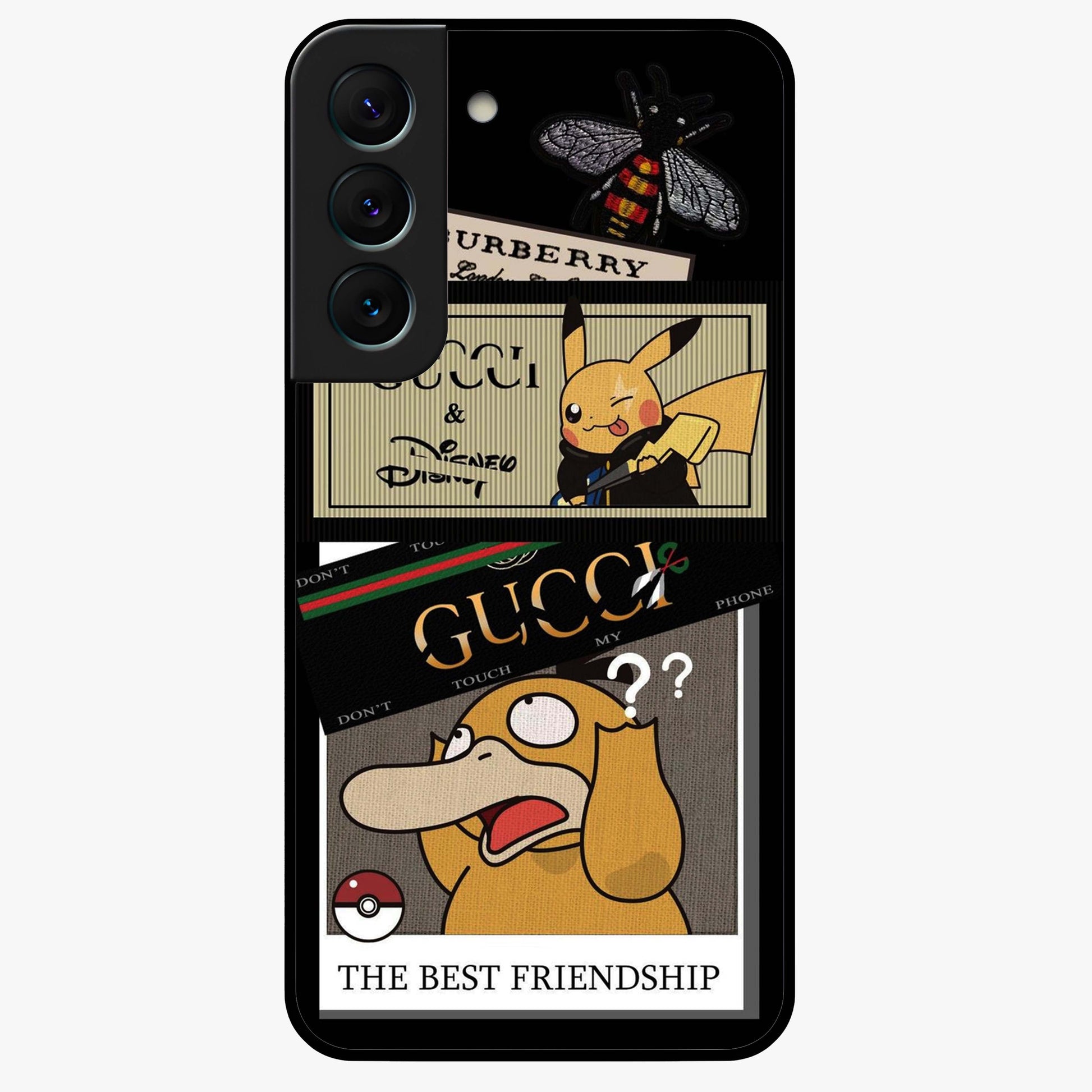 Gucci Play Mashup Glass Case showing flat back view with luxury inspired graphic artwork and glossy glass finish.