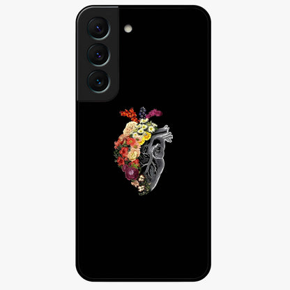 Heart With Flowers Glass Case showing flat back view with heart shaped floral artwork and glossy glass finish.