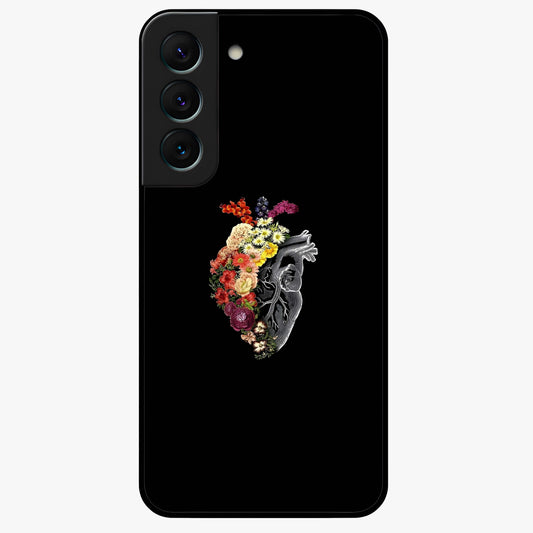 Heart With Flowers Glass Case showing flat back view with heart shaped floral artwork and glossy glass finish.
