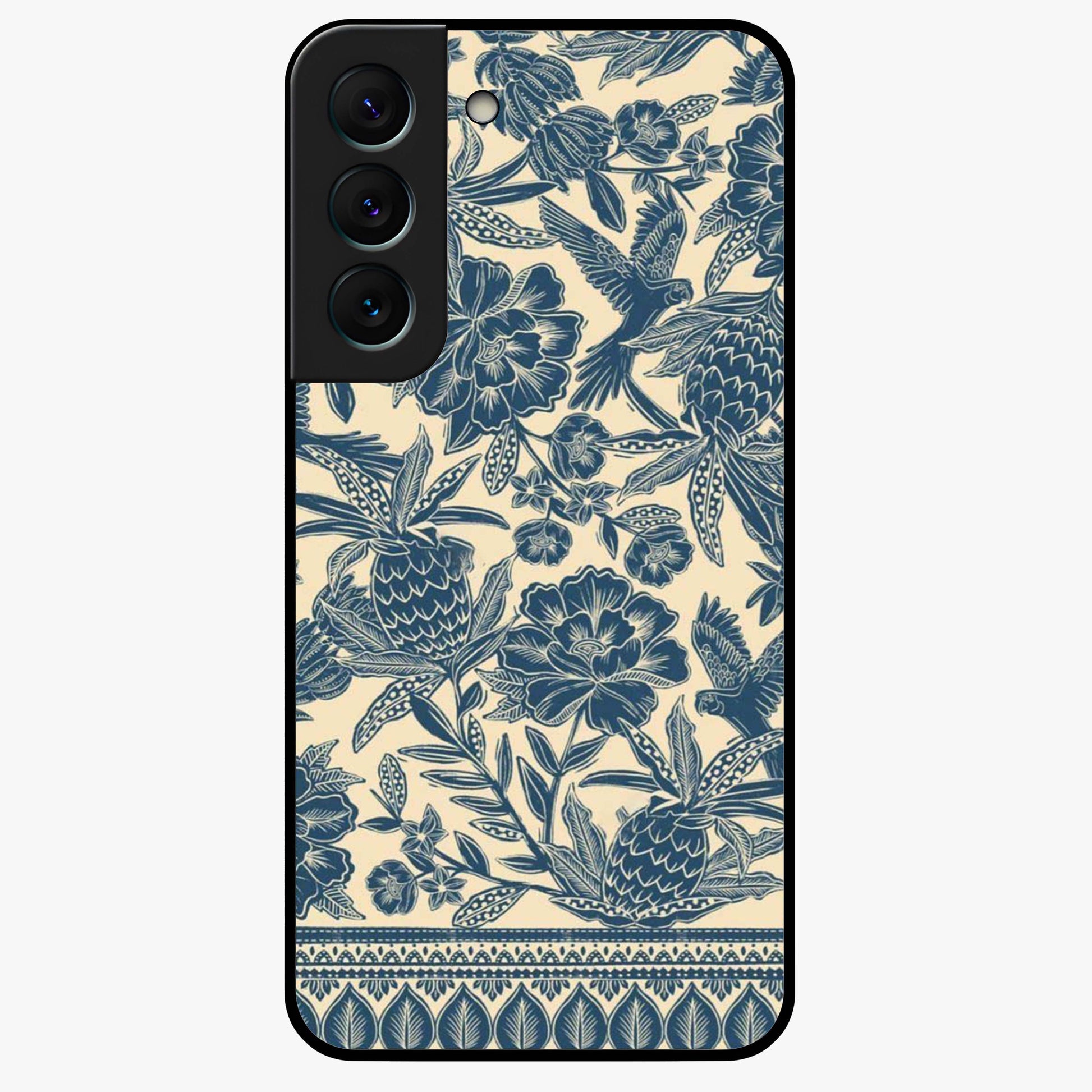Heirloom Wild Bloom Glass Case showing flat back view with vintage inspired wild flower artwork and glossy glass finish.
