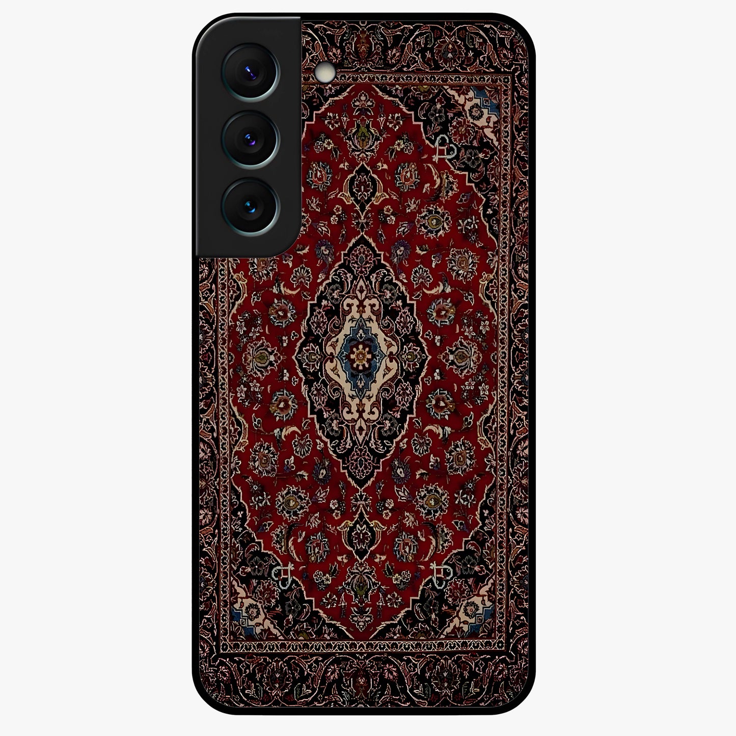 Heritage Carpet Royale Glass Case showing flat back view with ornate Persian carpet inspired pattern and glossy glass finish.