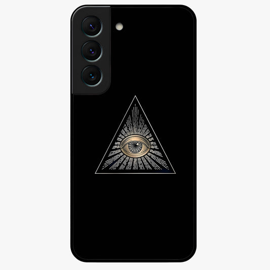 Illuminati Evil Glass Case showing flat back view with mysterious illuminati symbol artwork and glossy glass finish.