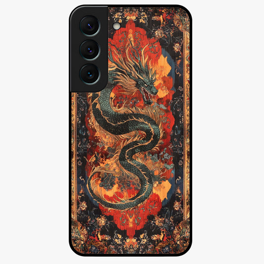 Inferno Dragon Soul Glass Case showing flat back view with fiery dragon artwork and glossy glass finish.