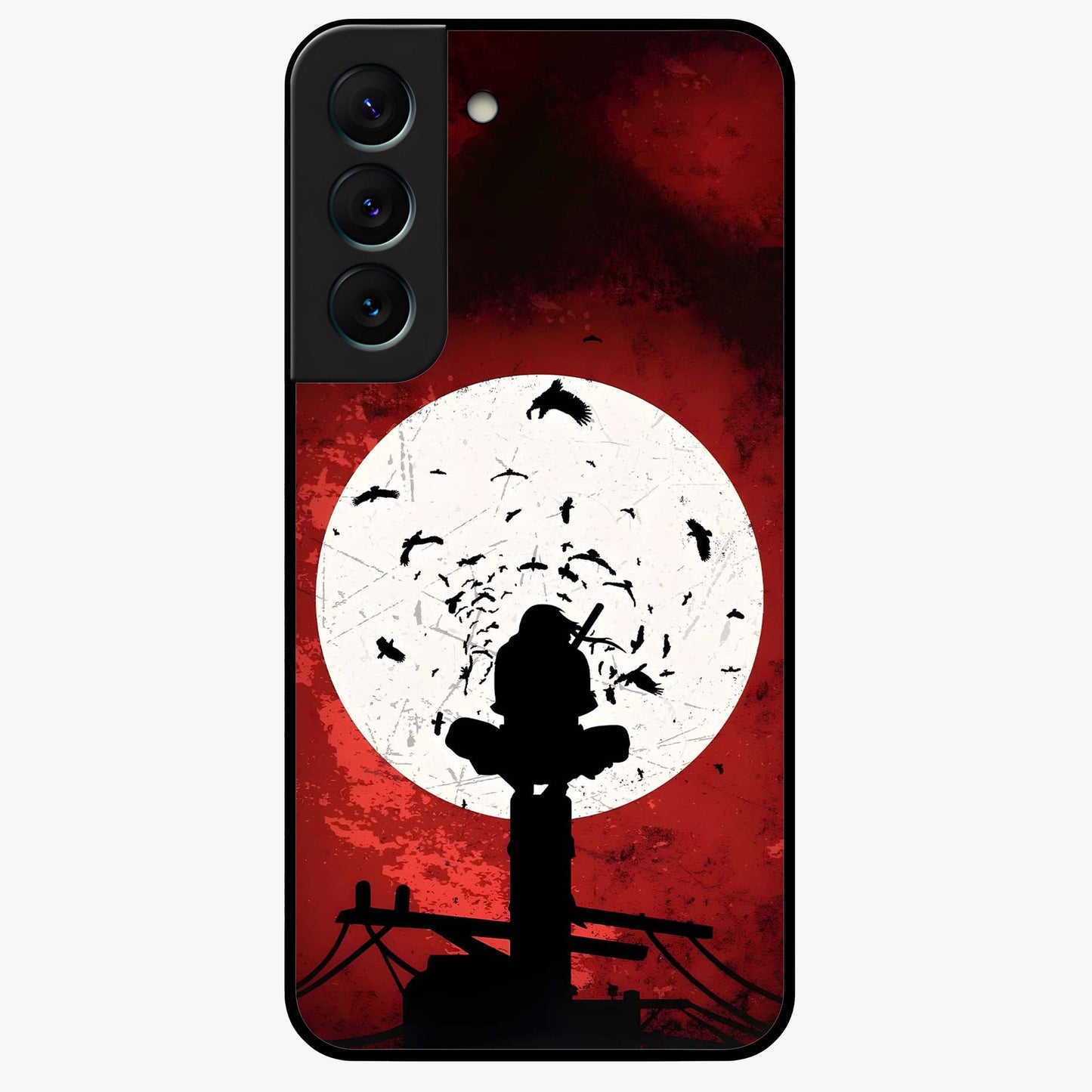Itachi Sharingan Glass Case showing flat back view with powerful anime eye artwork and glossy glass finish.