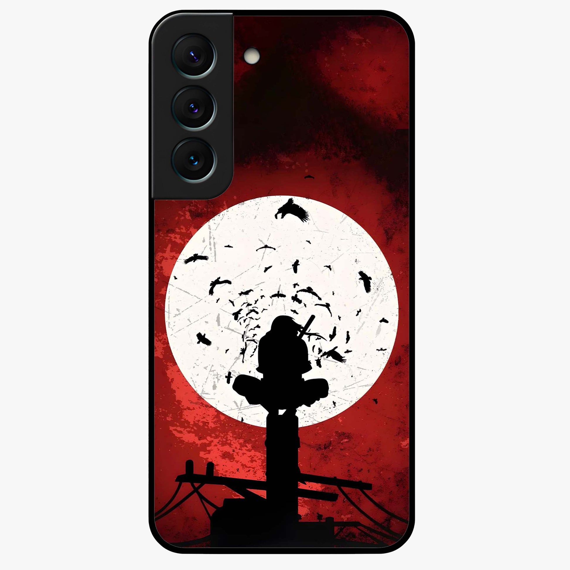 Itachi Sharingan Glass Case showing flat back view with powerful anime eye artwork and glossy glass finish.