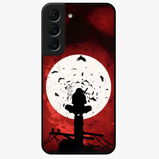 Itachi Sharingan Glass Case showing flat back view with powerful anime eye artwork and glossy glass finish.