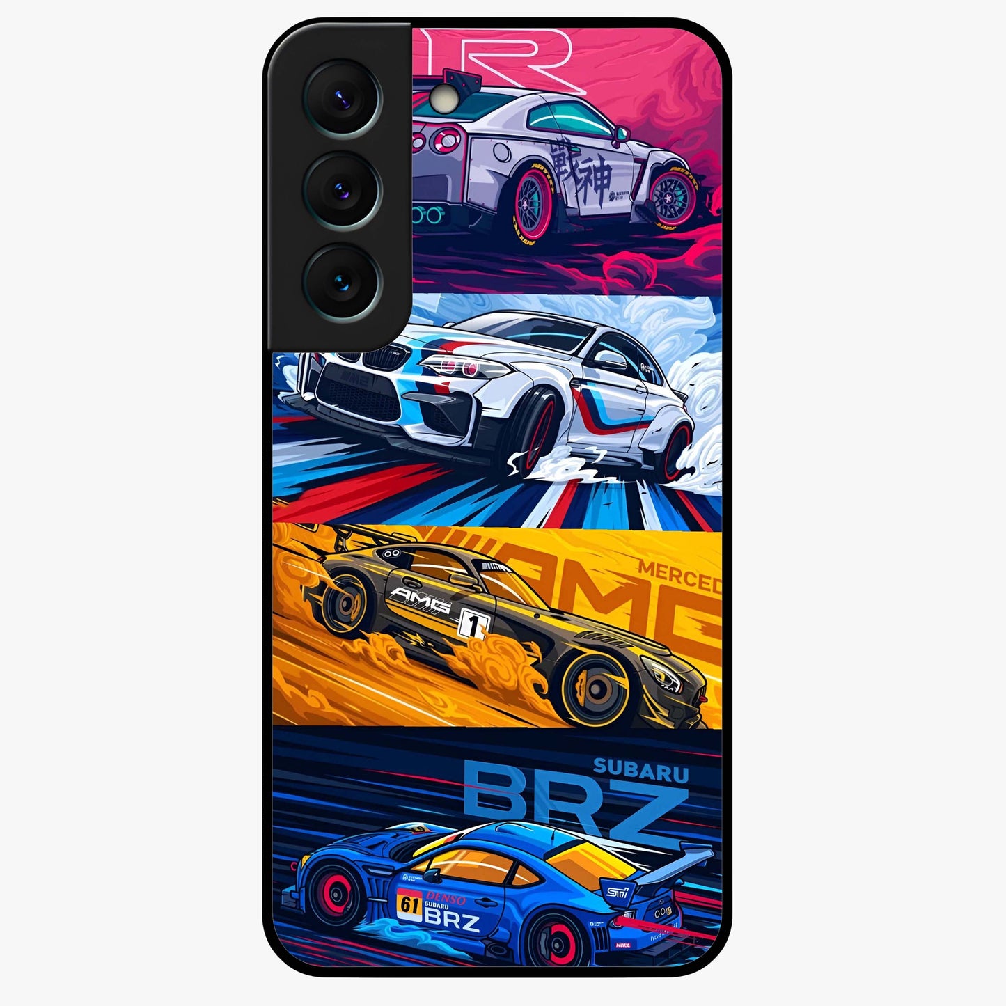 JDM Sports Car Glass Case showing flat back view with high performance sports car artwork and glossy glass finish.