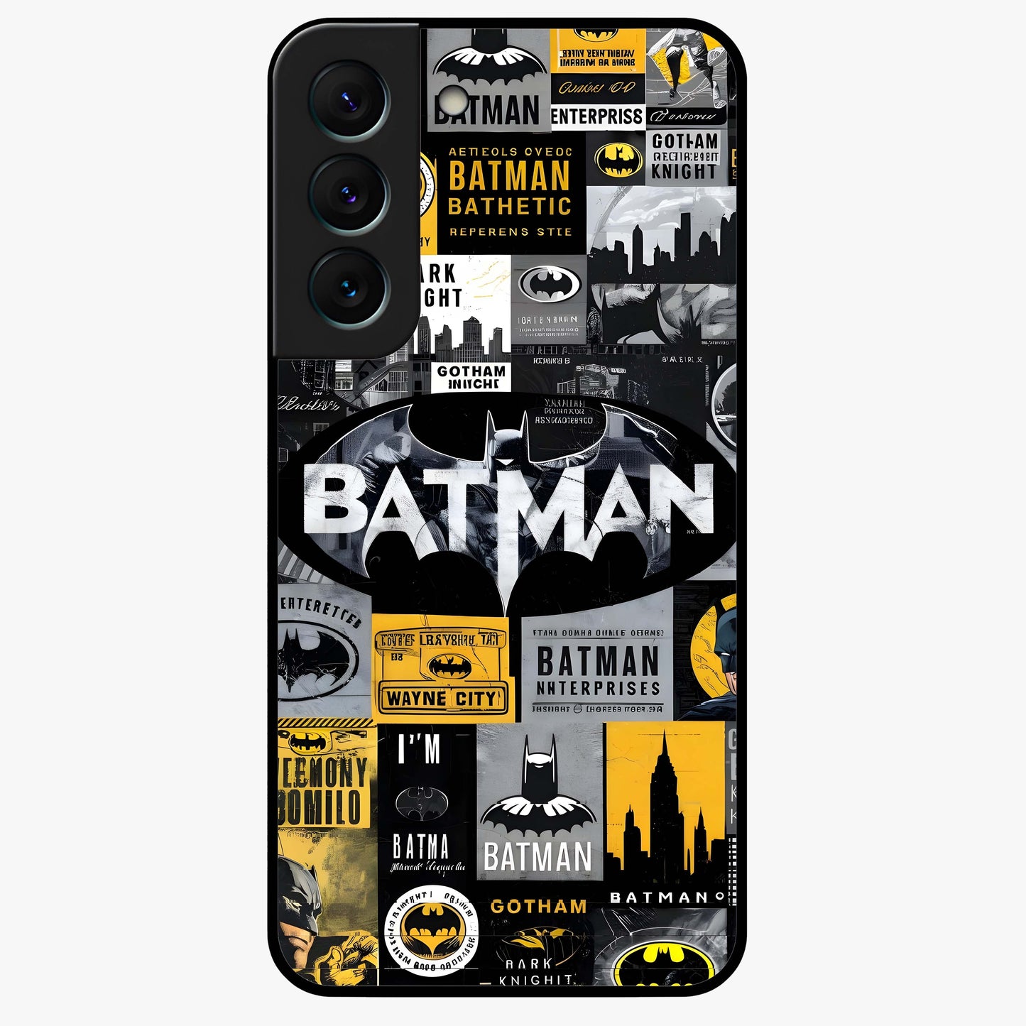 Knight Gotham Rise Glass Case showing flat back view with dark hero inspired artwork and glossy glass finish.