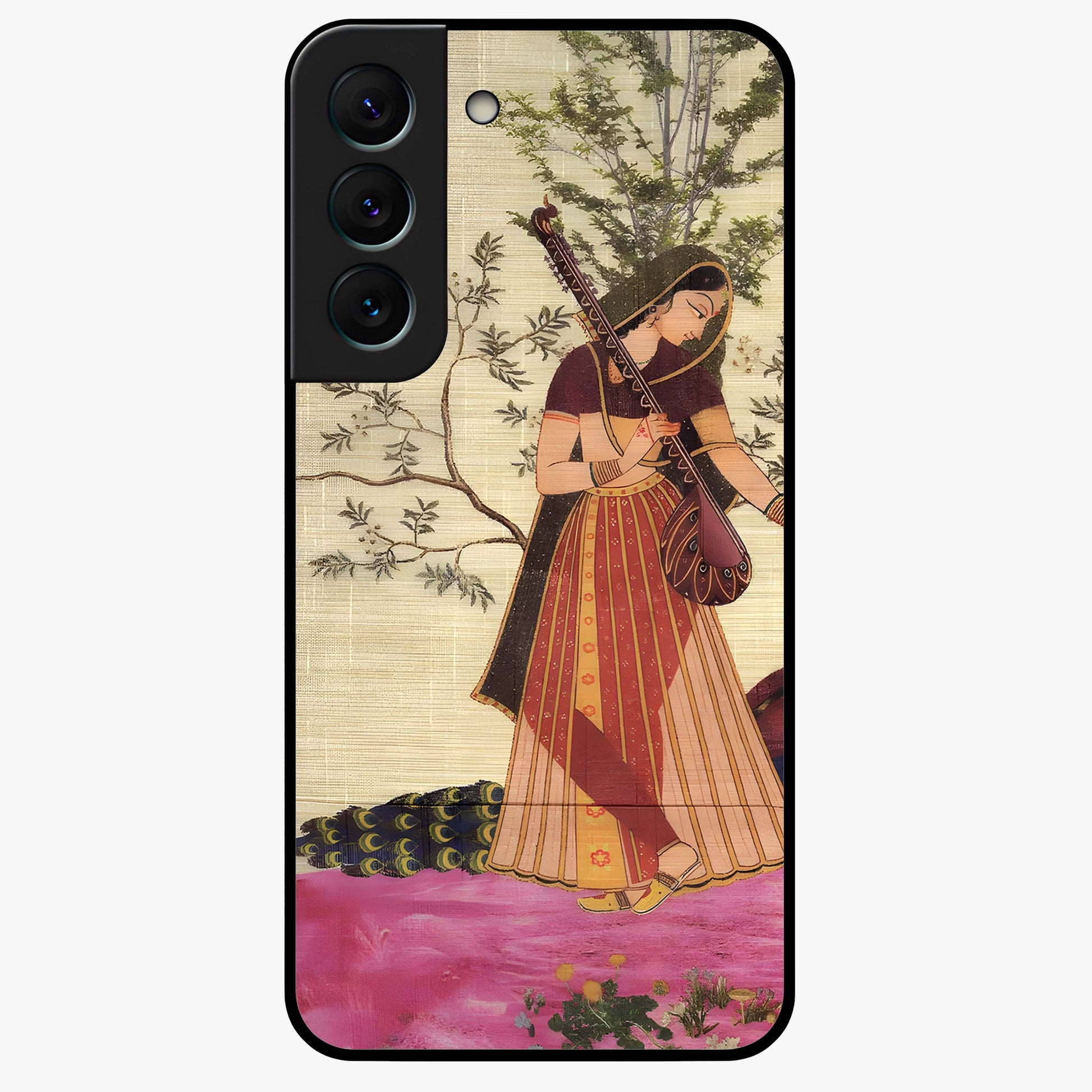 Lady With Veena Art Glass Case showing flat back view with elegant woman playing veena artwork and glossy glass finish.