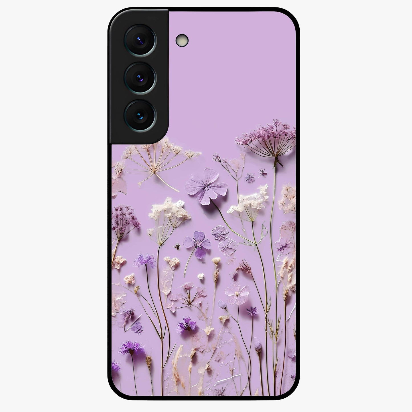 Lavender Blossom Dream Glass Case showing flat back view with soft lavender floral artwork and glossy glass finish.
