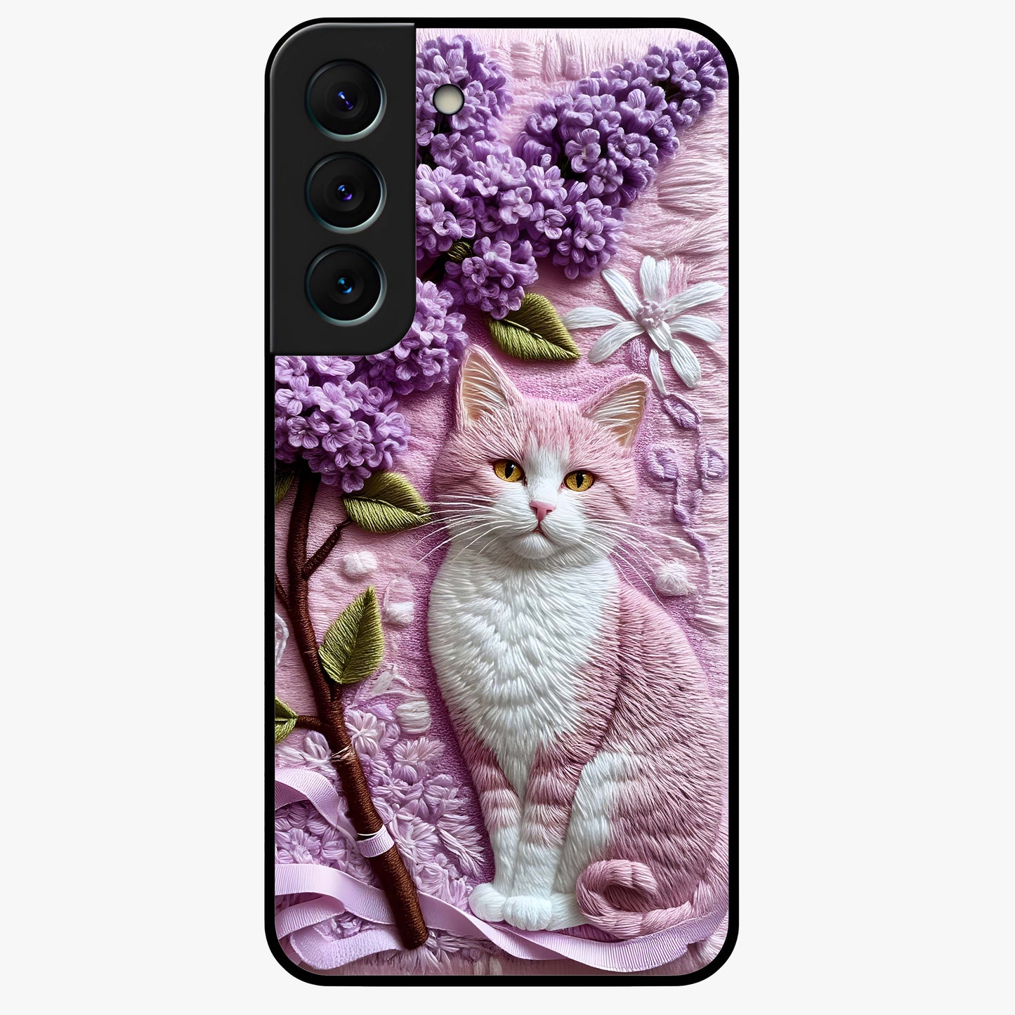 Lavender Cat Whimsy Glass Case showing flat back view with cute lavender cat artwork and glossy glass finish.