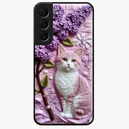 Lavender Cat Whimsy Glass Case showing flat back view with cute lavender cat artwork and glossy glass finish.