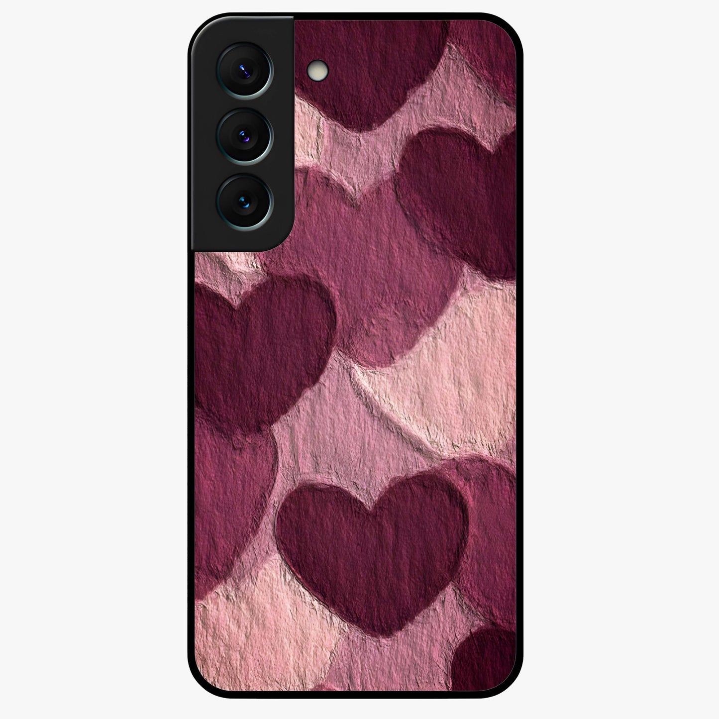 Layered Paper Hearts Glass Case showing flat back view with layered paper heart artwork and glossy glass finish.