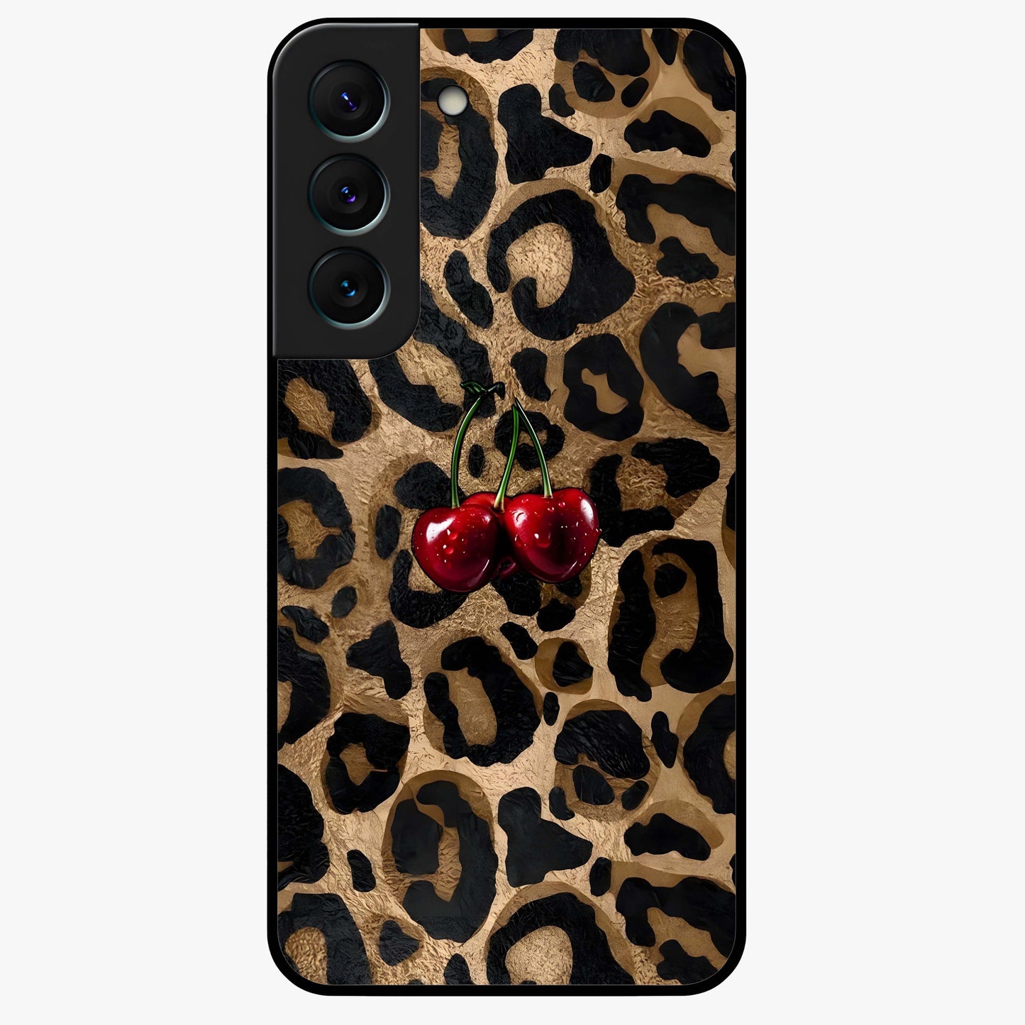 Leopard Wild Cherry Glass Case showing flat back view with leopard pattern and cherry artwork and glossy glass finish.