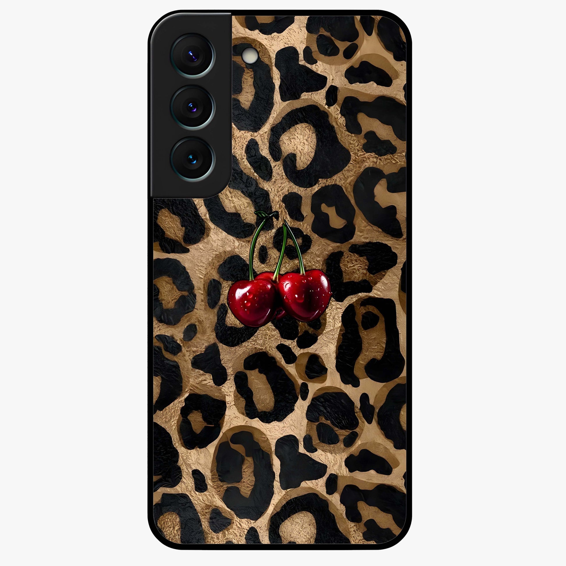 Leopard Wild Cherry Glass Case showing flat back view with leopard pattern and cherry artwork and glossy glass finish.