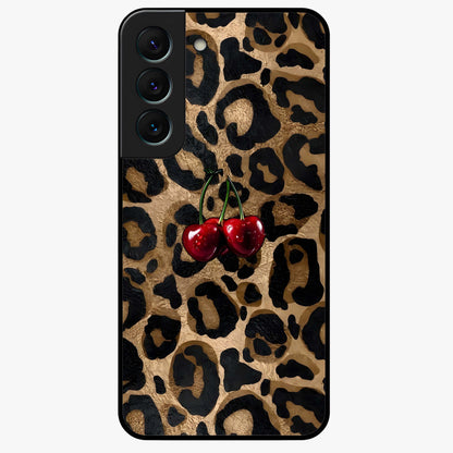 Leopard Wild Cherry Glass Case showing flat back view with leopard pattern and cherry artwork and glossy glass finish.