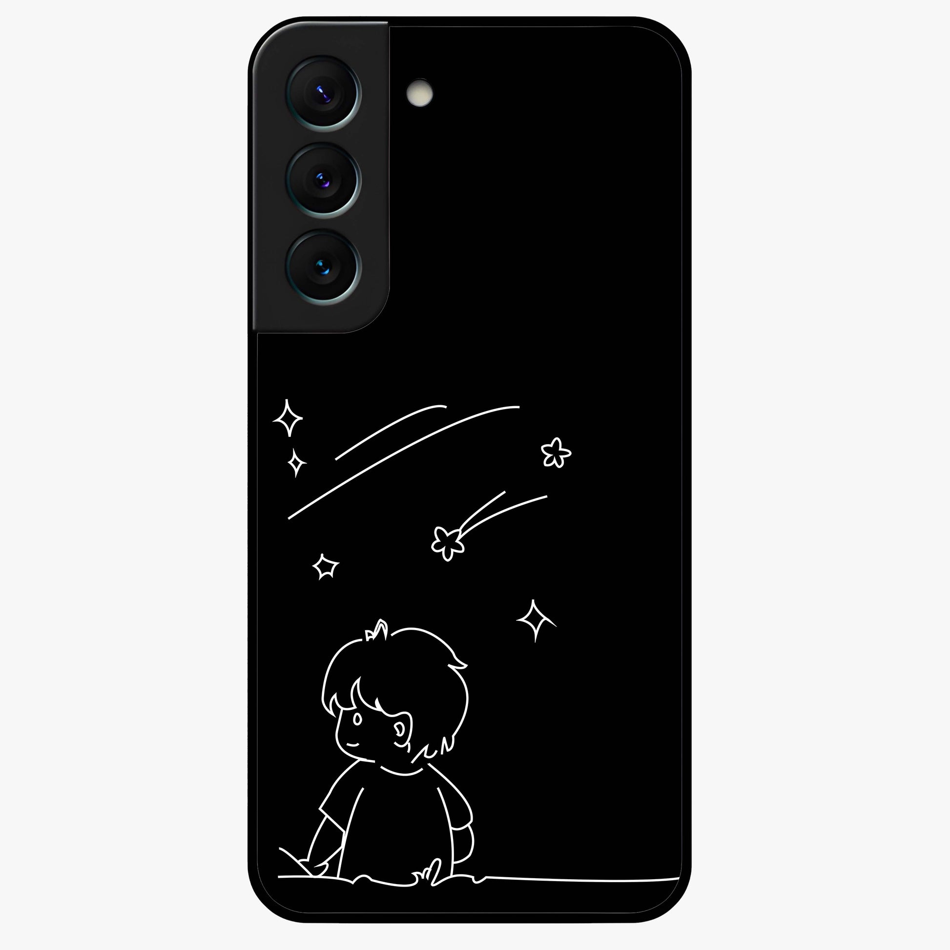 Line Art Boy With Shooting Stars Glass Case showing flat back view with minimal line art boy and shooting stars illustration and glossy glass finish.