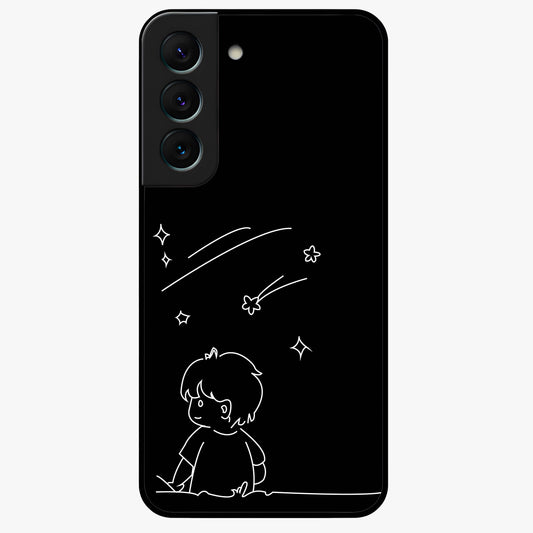 Line Art Boy With Shooting Stars Glass Case showing flat back view with minimal line art boy and shooting stars illustration and glossy glass finish.