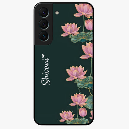 Lotus Bloom Serenity Custom Name Glass Case showing flat back view with elegant lotus flower artwork and personalized name design.