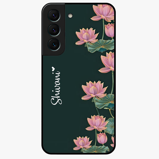 Lotus Bloom Serenity Custom Name Glass Case showing flat back view with elegant lotus flower artwork and personalized name design.