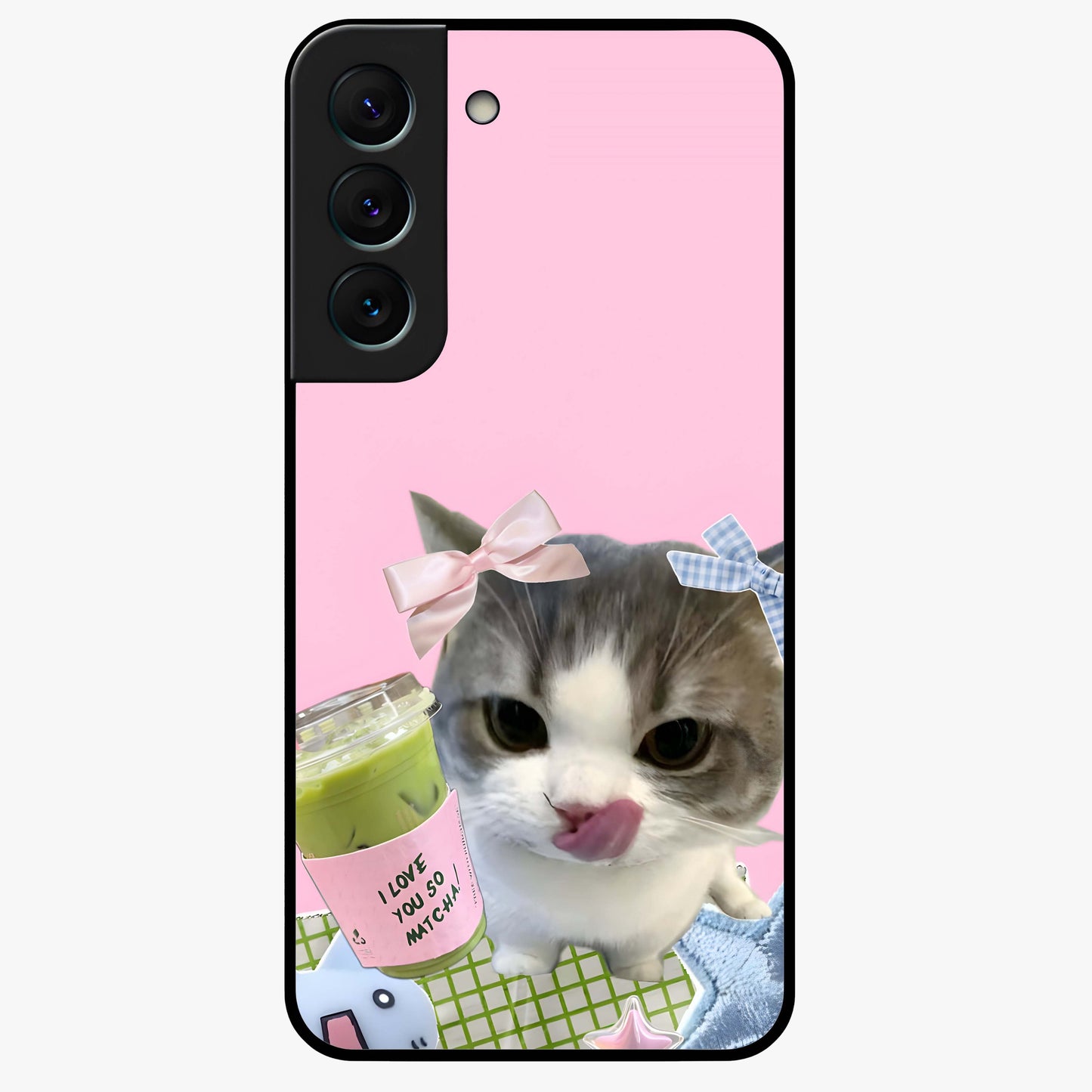 Love Matcha Cat Glass Case showing flat back view with cute cat and matcha themed artwork and glossy glass finish.