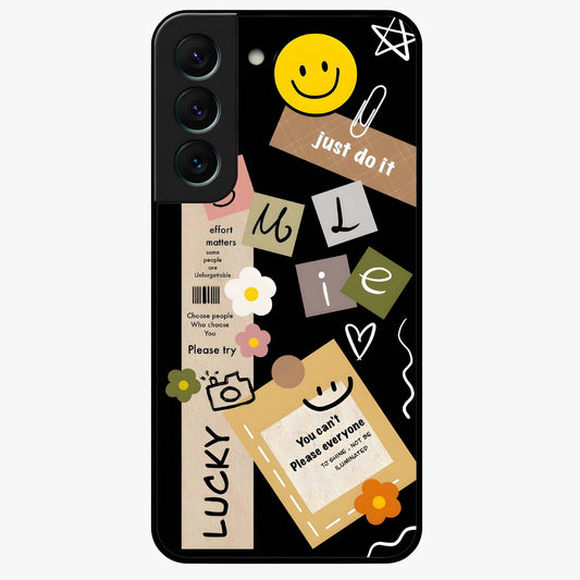 Lucky Aesthetic Collage Glass Case showing flat back view with trendy aesthetic collage artwork and glossy glass finish.