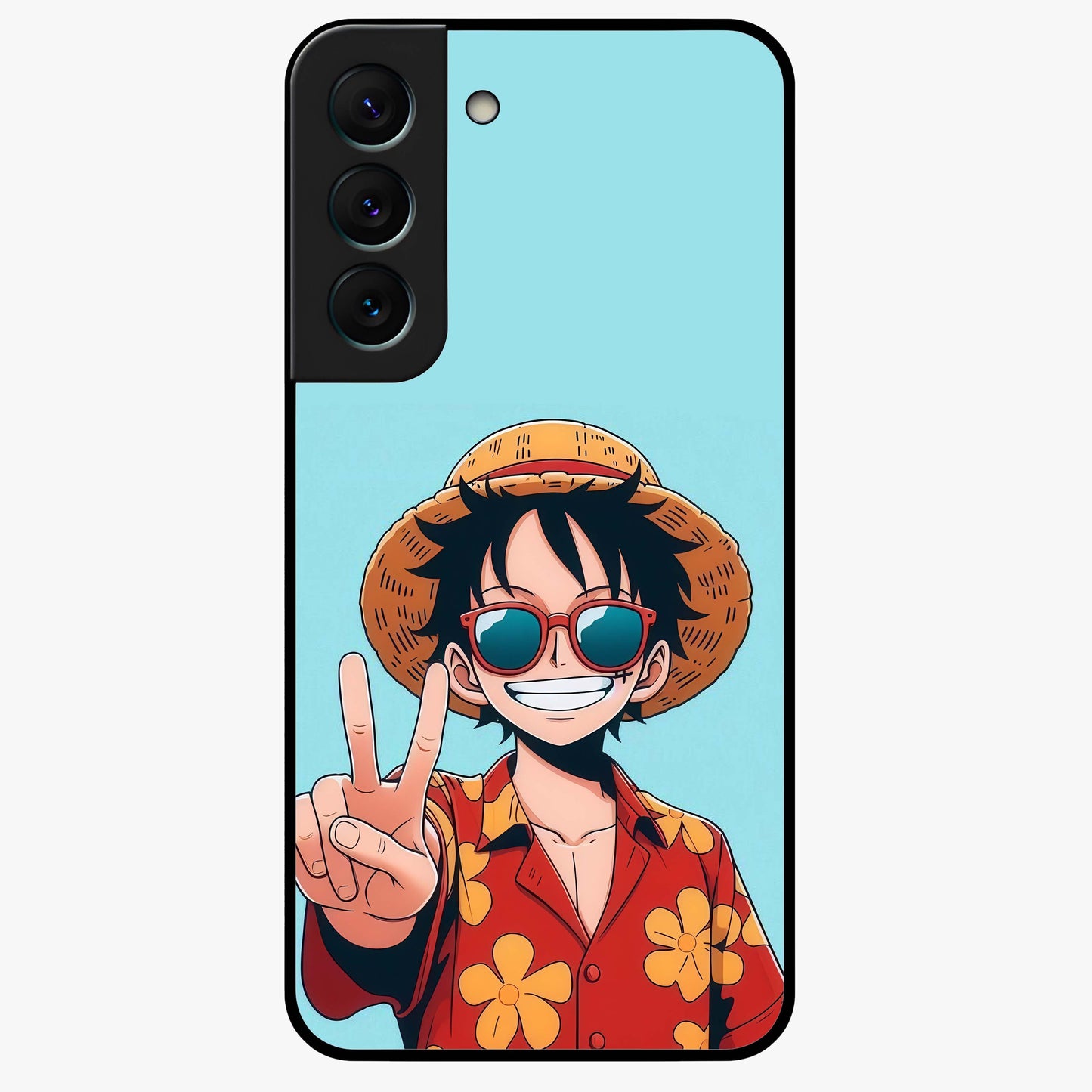Luffy Summer Anime Vibe Glass Case showing flat back view with vibrant anime character artwork and glossy glass finish.