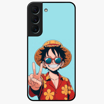 Luffy Summer Anime Vibe Glass Case showing flat back view with vibrant anime character artwork and glossy glass finish.