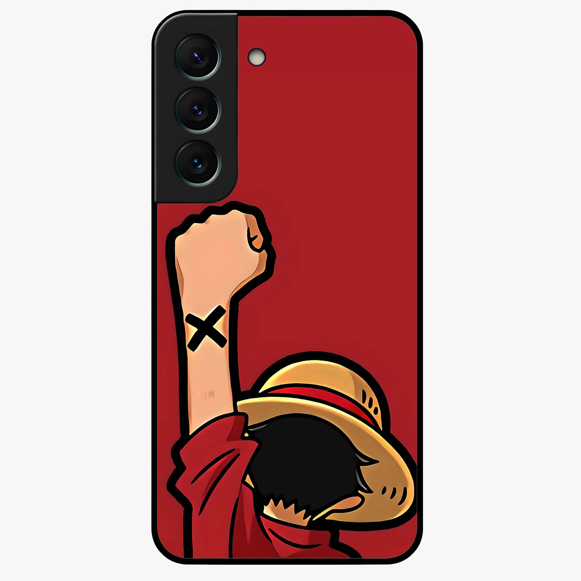 Luffy X Spirit Glass Case showing flat back view with bold anime character artwork and glossy glass finish.