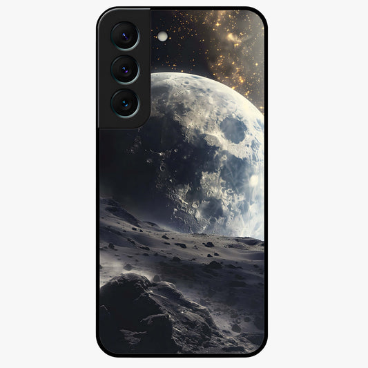 Lunar Horizon Glow Glass Case showing flat back view with glowing moon horizon artwork and glossy glass finish.