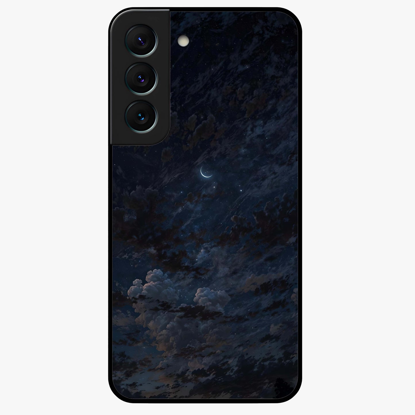 Lunar Veil Silence Glass Case showing flat back view with mystical moon veil artwork and glossy glass finish.