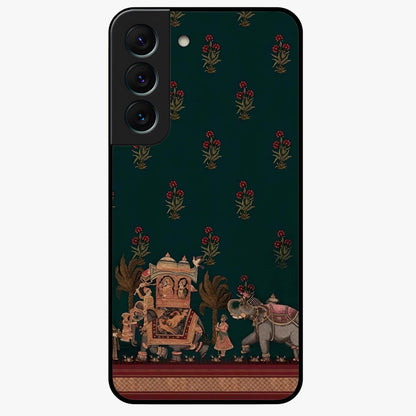Macmerise Glass Case showing flat back view with stylish modern artwork and glossy glass finish.