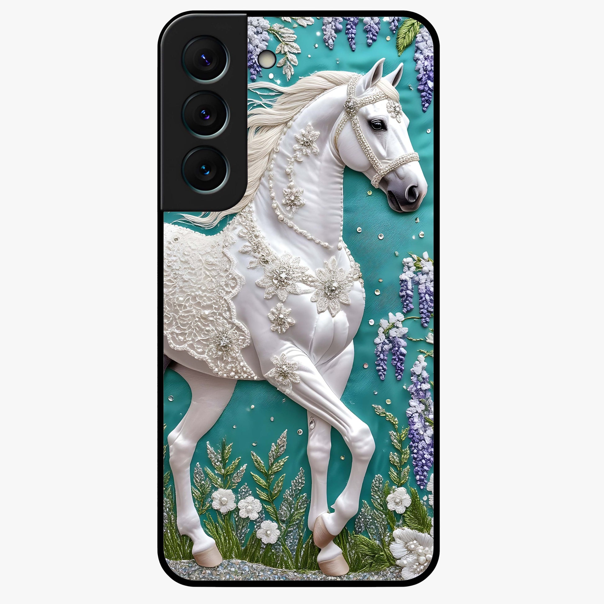 Majestic Floral Stallion Glass Case showing flat back view with powerful horse and floral artwork and glossy glass finish.