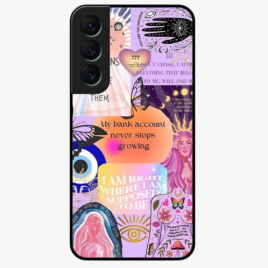 Manifestation Collage Glass Case showing flat back view with motivational collage artwork and glossy glass finish.